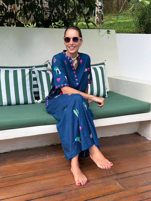 Cassia Dress Little Jungle Embroidery on Navy
