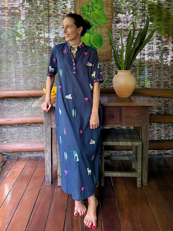 Cassia Dress Little Jungle Embroidery on Navy