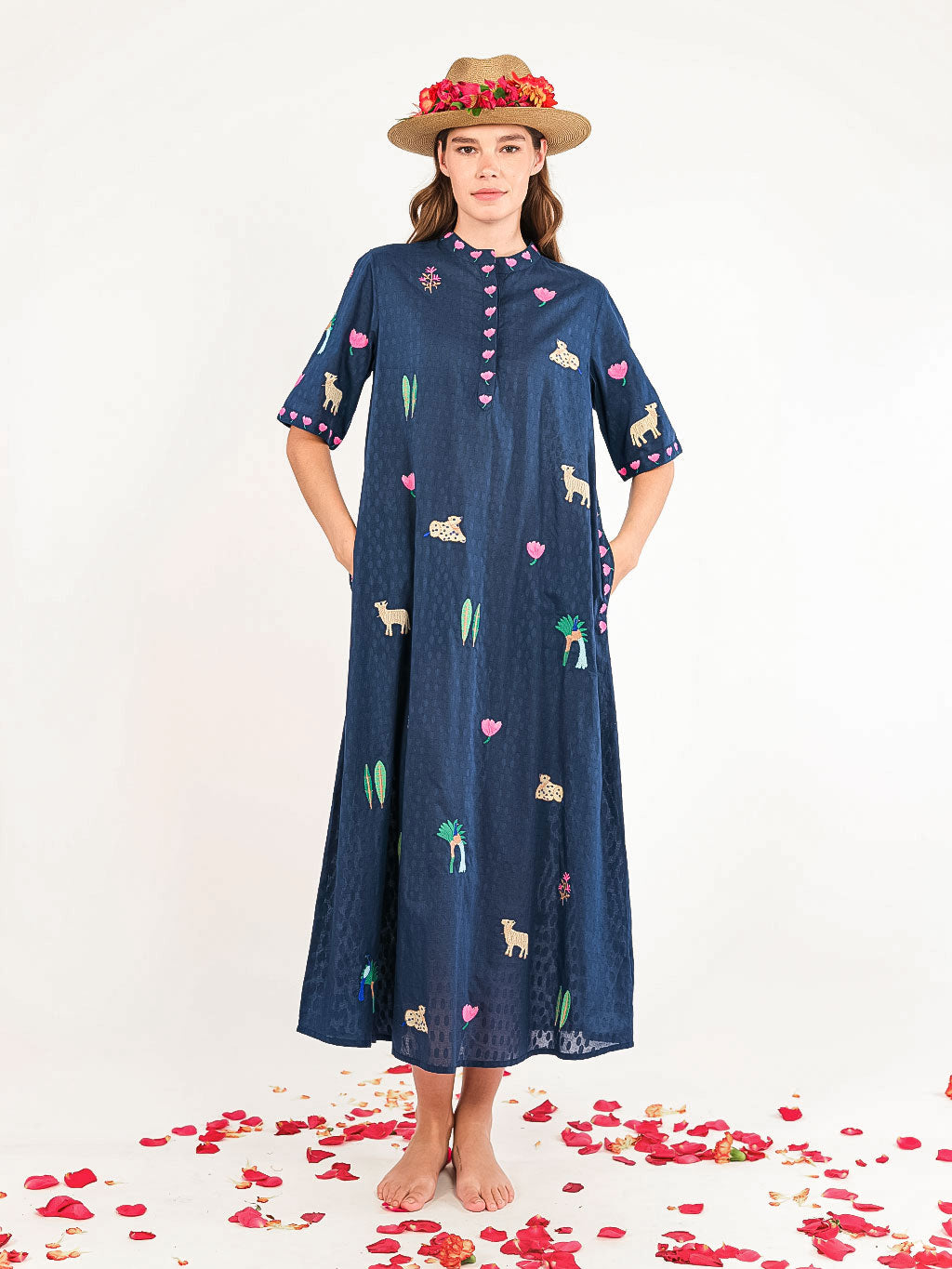 Cassia Dress Littel Jungle Embroidery on Navy