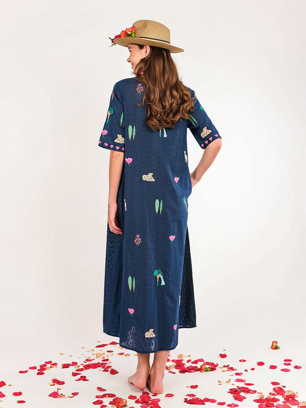 Cassia Dress Littel Jungle Embroidery on Navy
