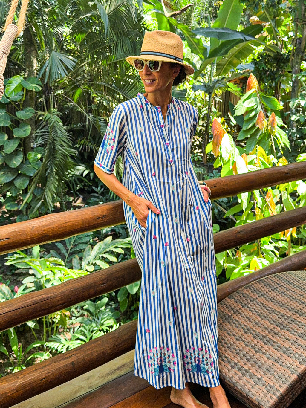 Cassia Dress Blue Stripes Peacock Embroidery