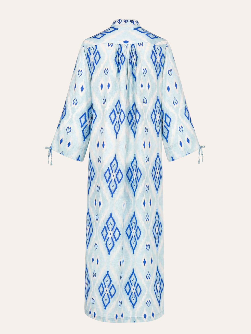 Back of the ankle-length light blue linen Catmint dress.
