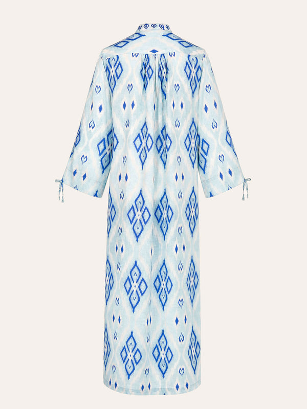 Back of the ankle-length light blue linen Catmint dress.