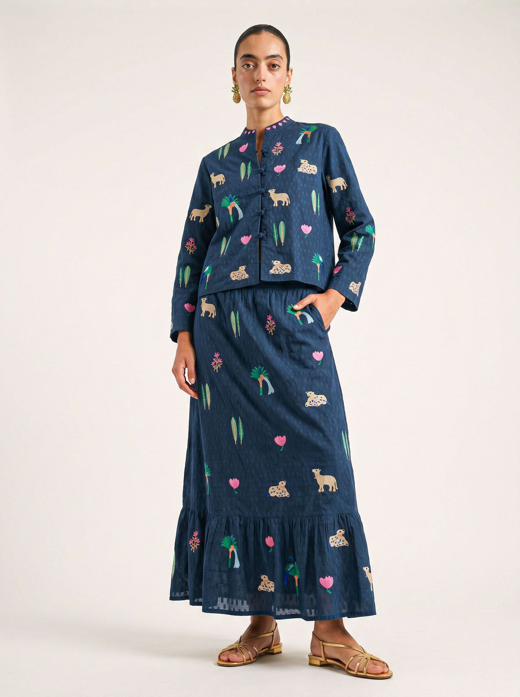 Goldenseal Skirt Little Jungle Embroidery on Navy