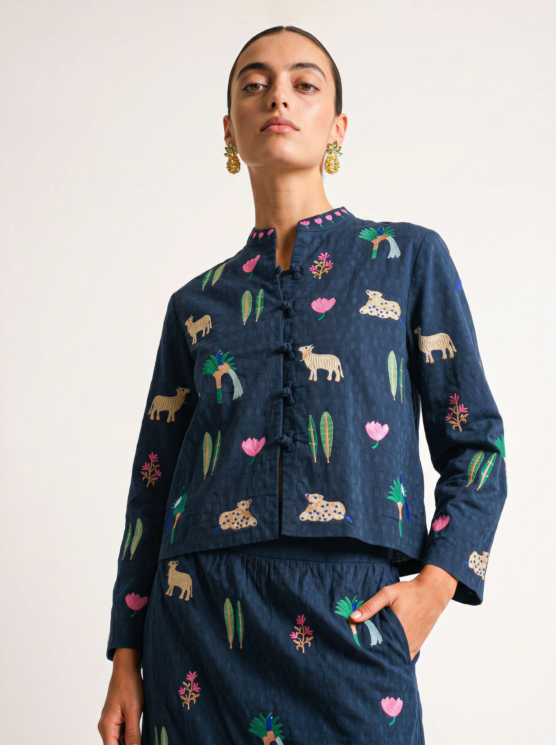 Goldenseal Skirt Little Jungle Embroidery on Navy