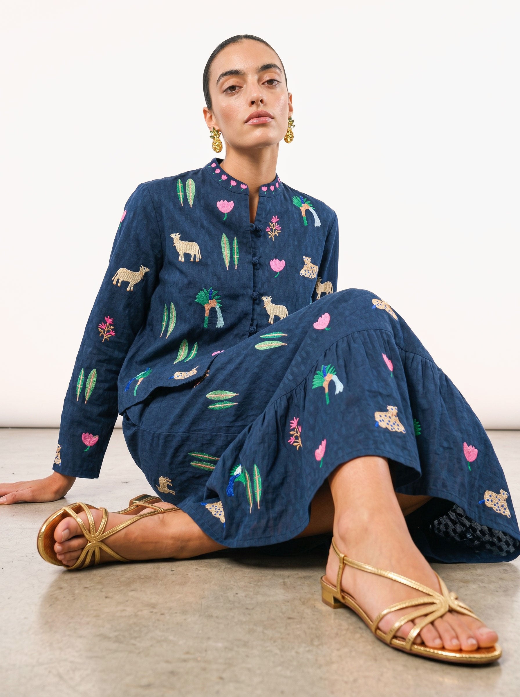 Goldenseal Skirt Little Jungle Embroidery on Navy