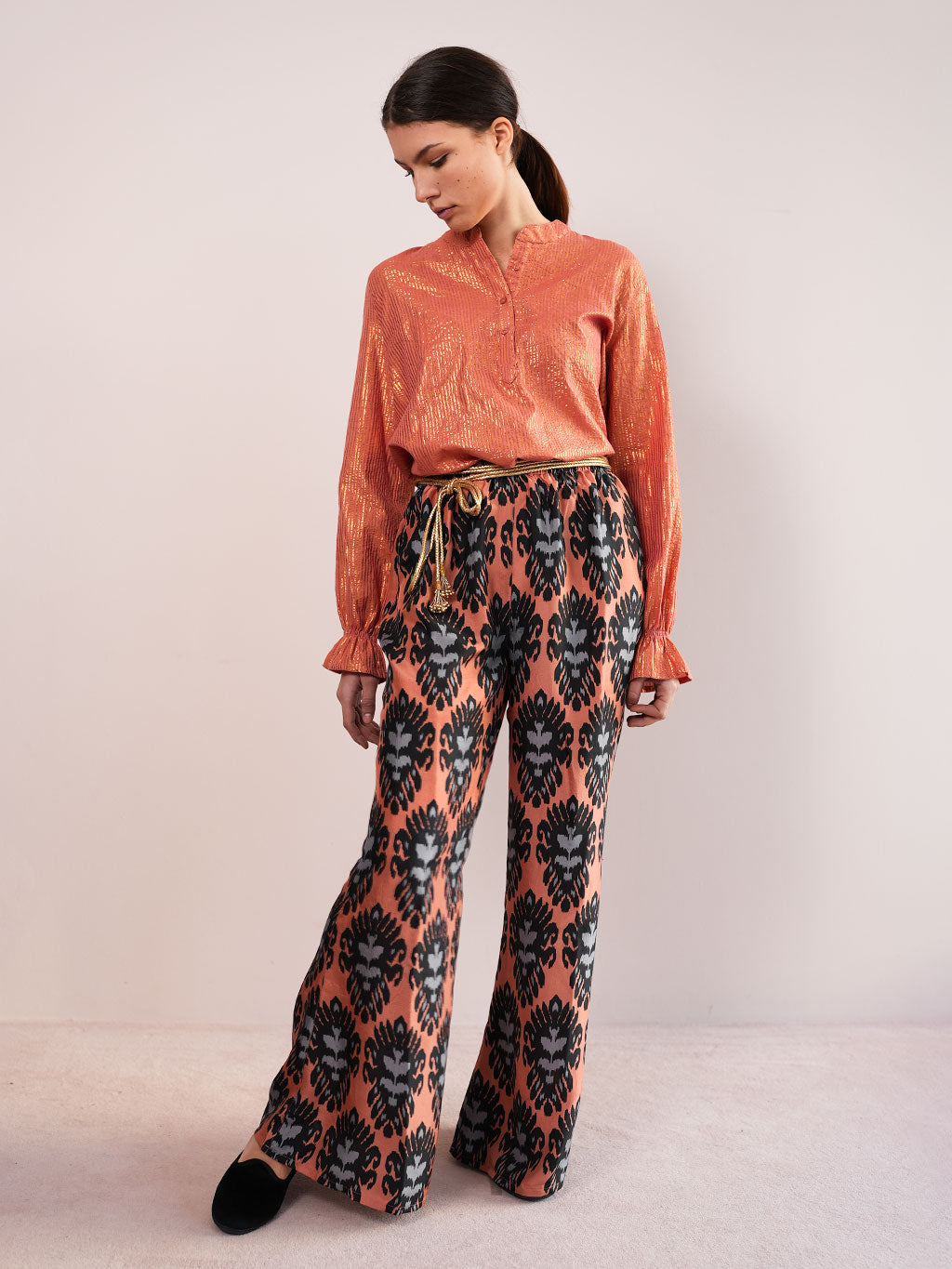 Bay Leaf Pants Ikat Cinnamon Black