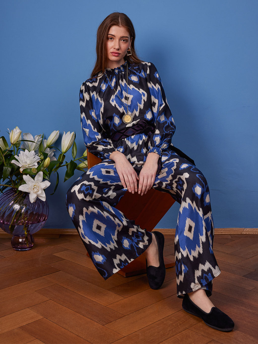 Bay Leaf Pants Ikat Black Royal Blue