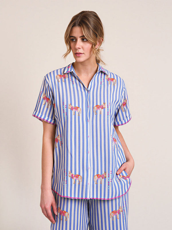 Fig Blouse Donkey on Blue Stripes