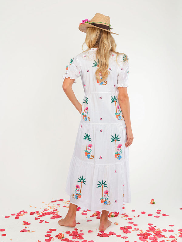 Flaming Katy Dress Monkey Embroidery on White