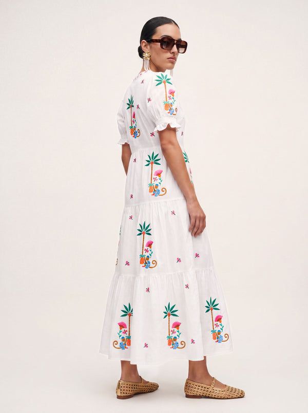 Flaming Katy Dress Monkey Embroidery on White