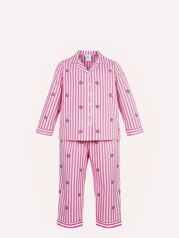 a luxury Nimo With Love two-piece children's pajama set featuring pink and white vertical stripes with small embroidered floral motifs, shown against a plain off-white background.