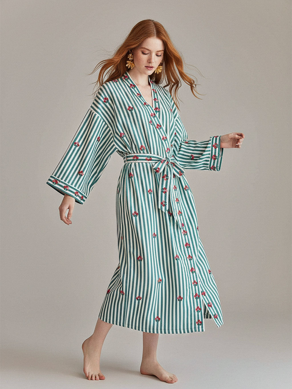 Flowers On Sage Stripes Kimono