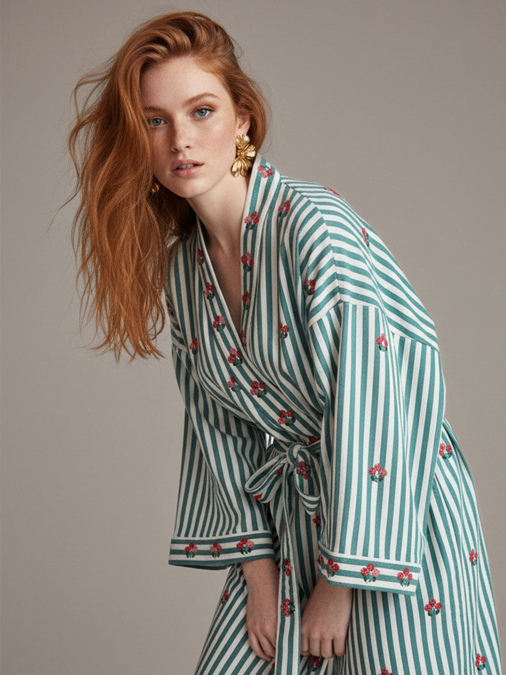 Flowers On Sage Stripes Kimono