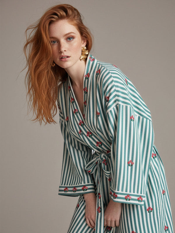 Flowers On Sage Stripes Kimono