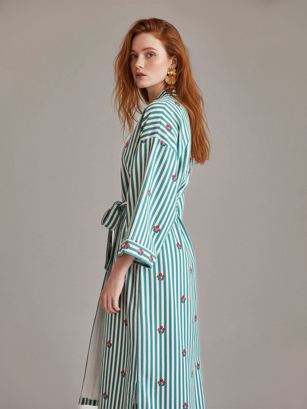 Flowers On Sage Stripes Kimono