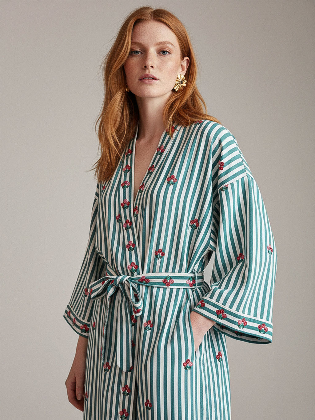 Flowers On Sage Stripes Kimono