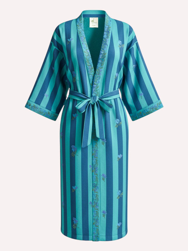 A teal and blue striped kimono-style robe by Nimo With Love with a tie waist belt, featuring subtle embroidered floral details, shown on a plain light background.