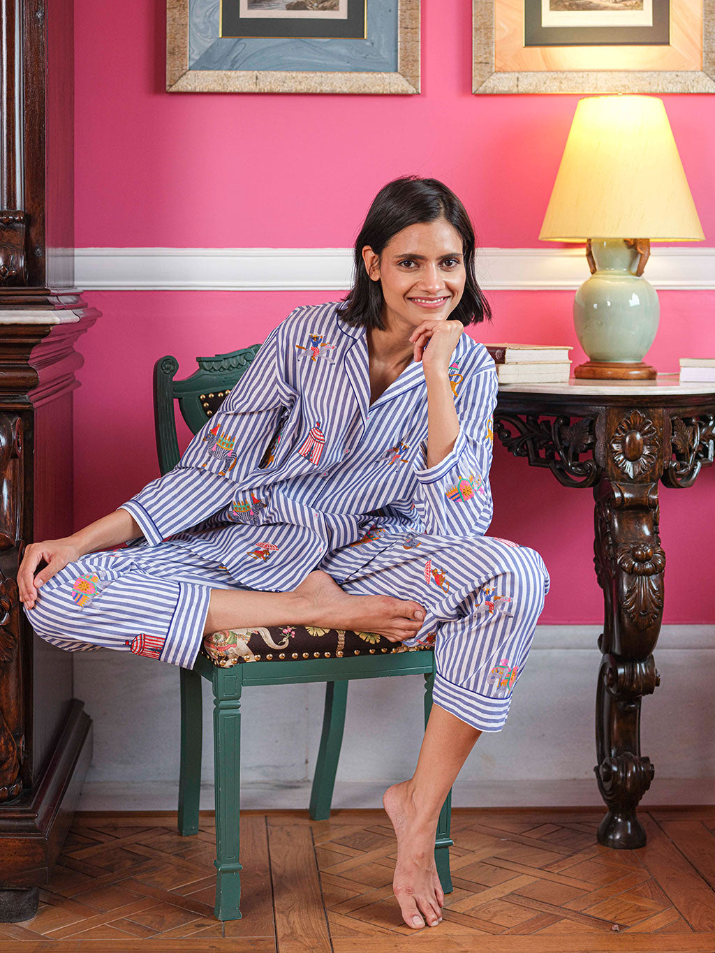 Circus on Navy Stripes Pyjama Long