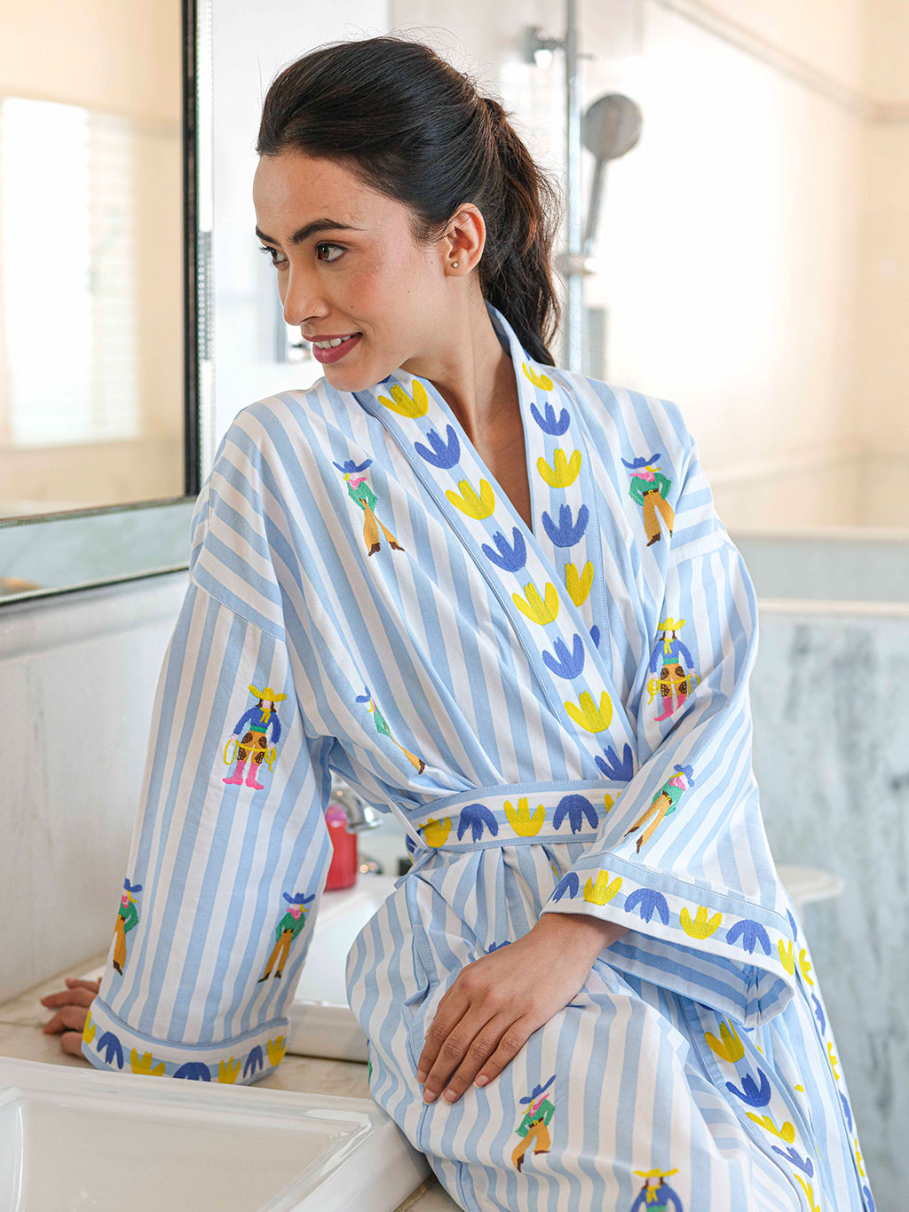 Cowgirl on Light Blue Stripes Kimono