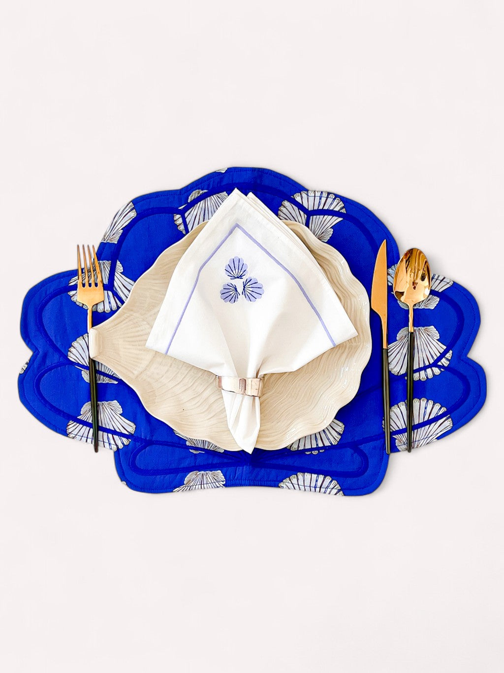 Napkin Blue Shell Embroidery on White