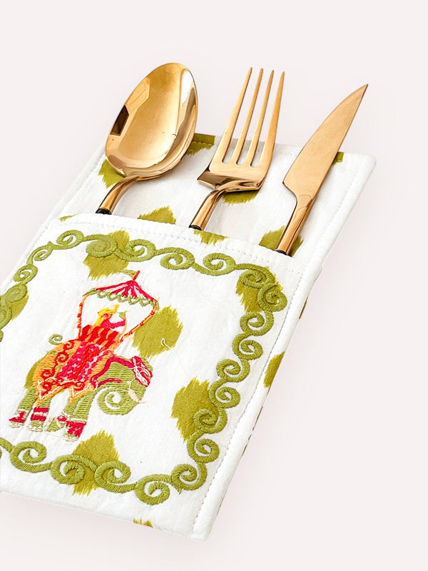 Cutlery Bag Dots Green Elephant Embroidery