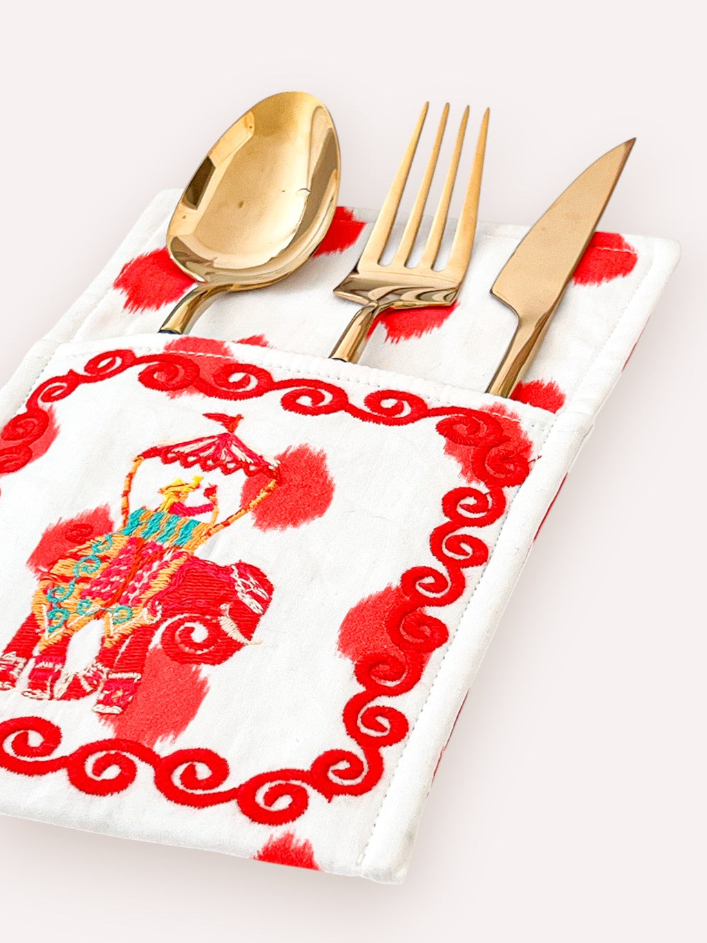 Cutlery Bag Dots Red Elephant Embroidery