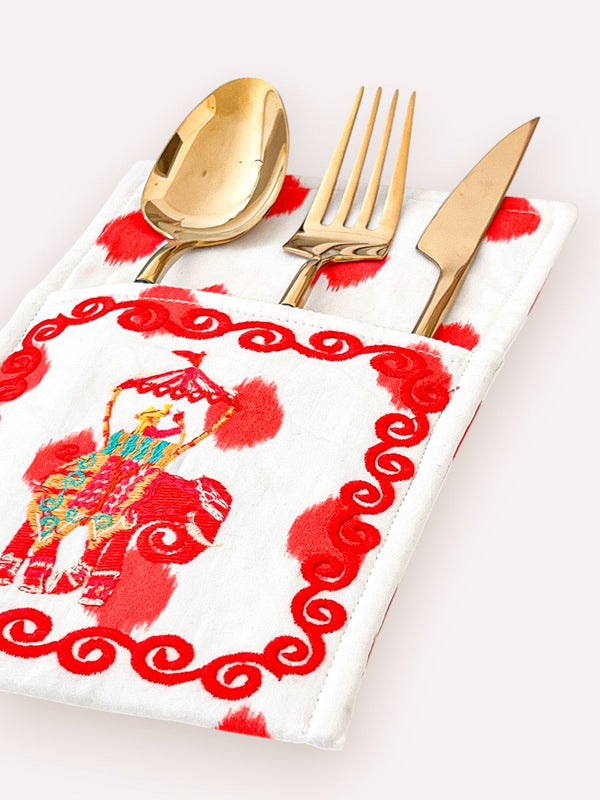 Cutlery Bag Dots Red Elephant Embroidery