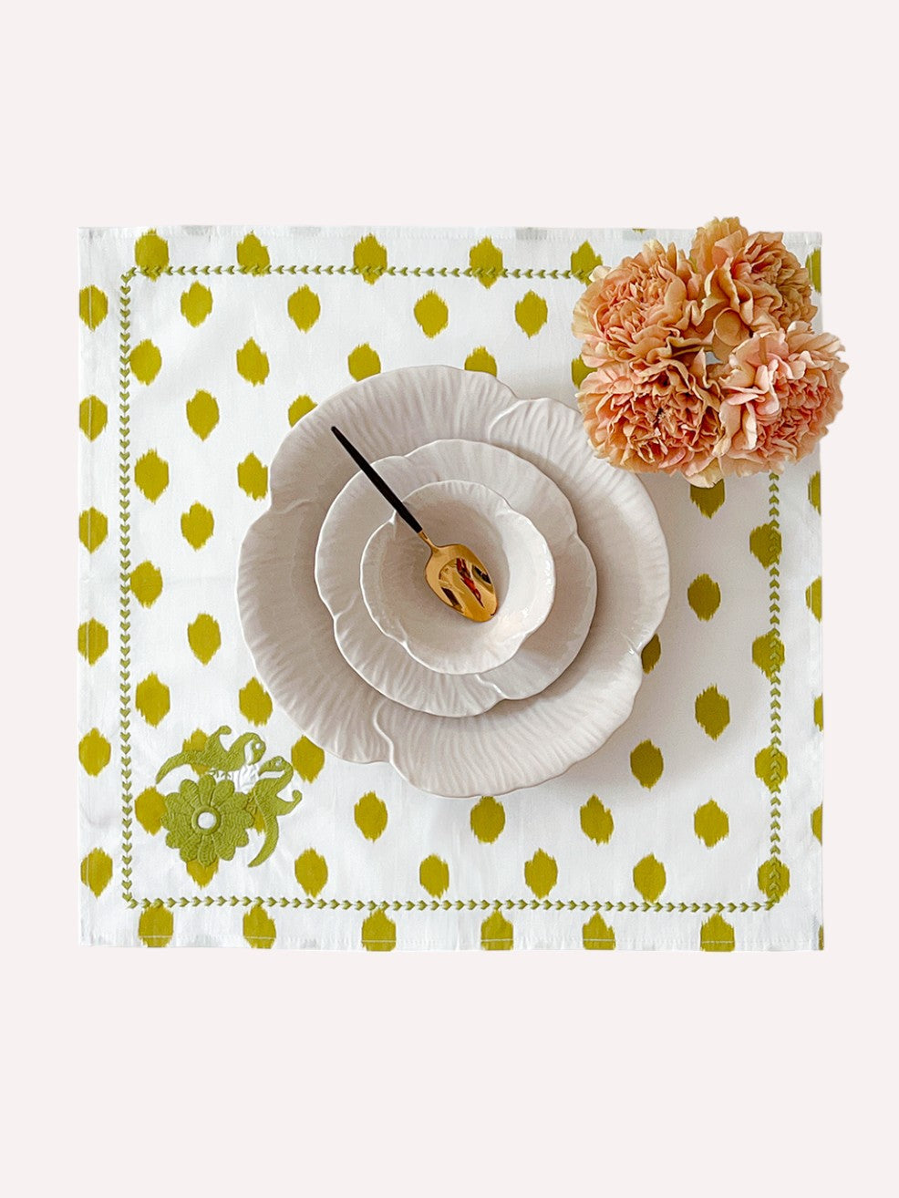 Napkin Dots Green Gujarat Birds Embroidery