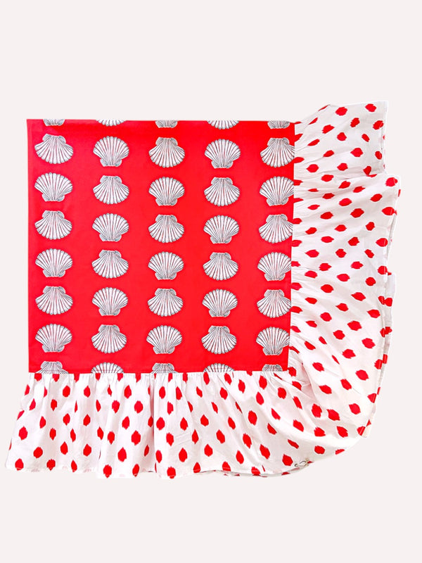 Table Cloth Shells on Red with Ruffle Dots Red
