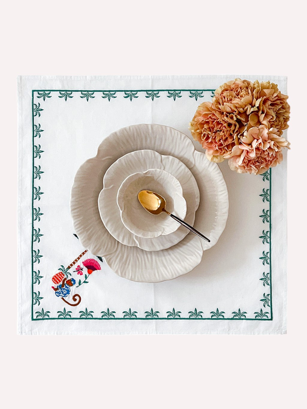 Napkin Monkey Embroidery on White