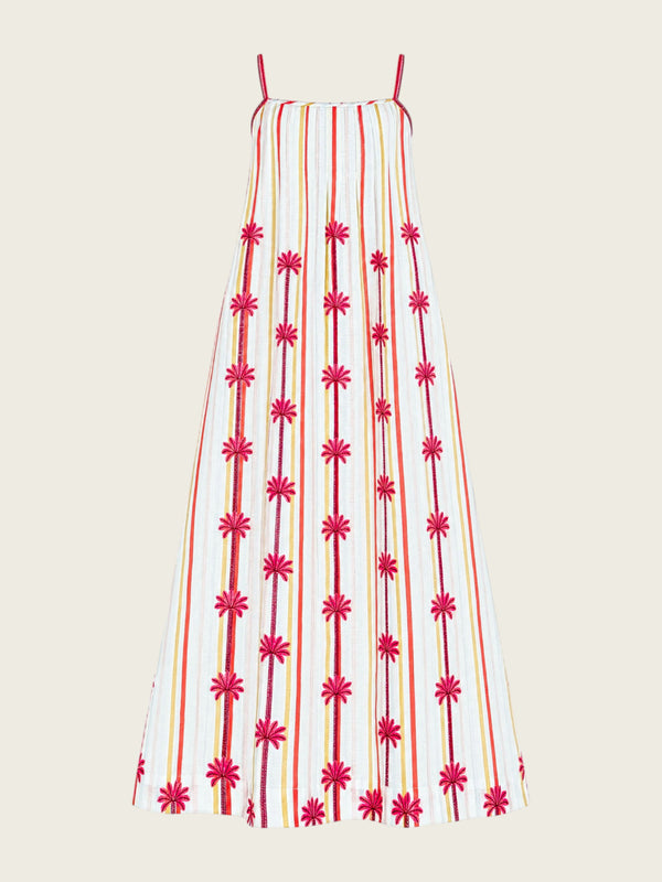 Maca Dress Palm Embroidery on Stripes