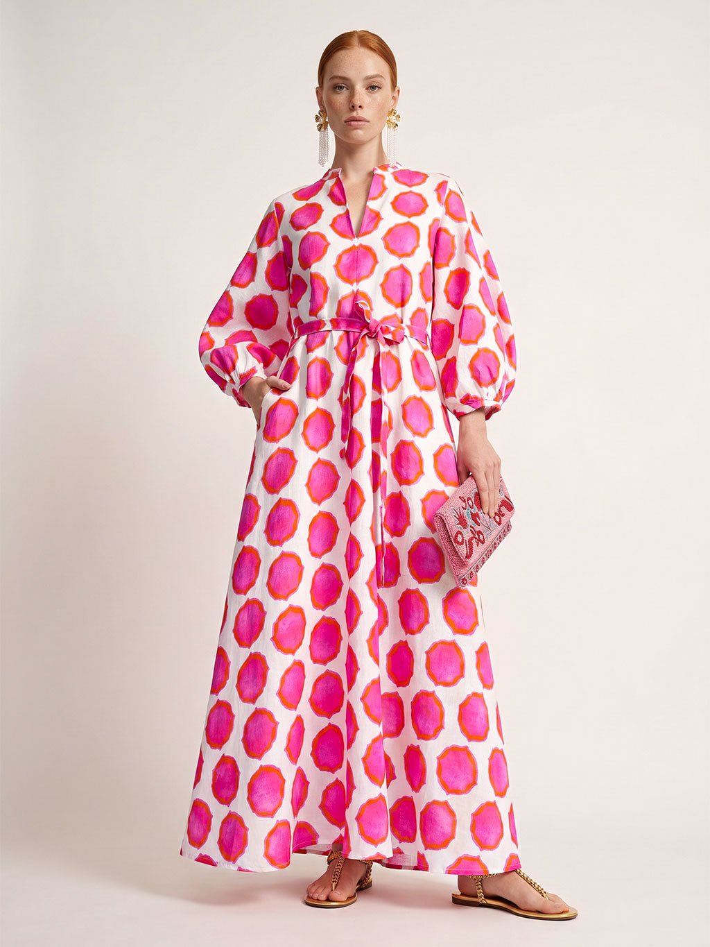 Marigold Linen Maxi Dress - Ikat Pink Orange Print Marigold Linen Maxi Dress - Ikat Pink Orange Print