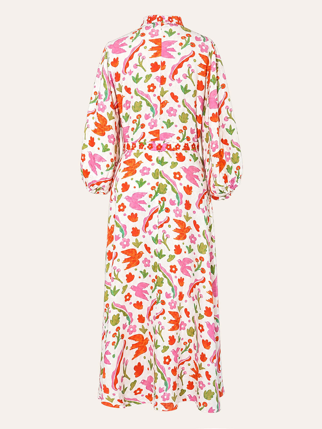 Back of Marigold linen maxi dress by Nimo With Love featuring a vibrant pink and orange botanical Mexico print.