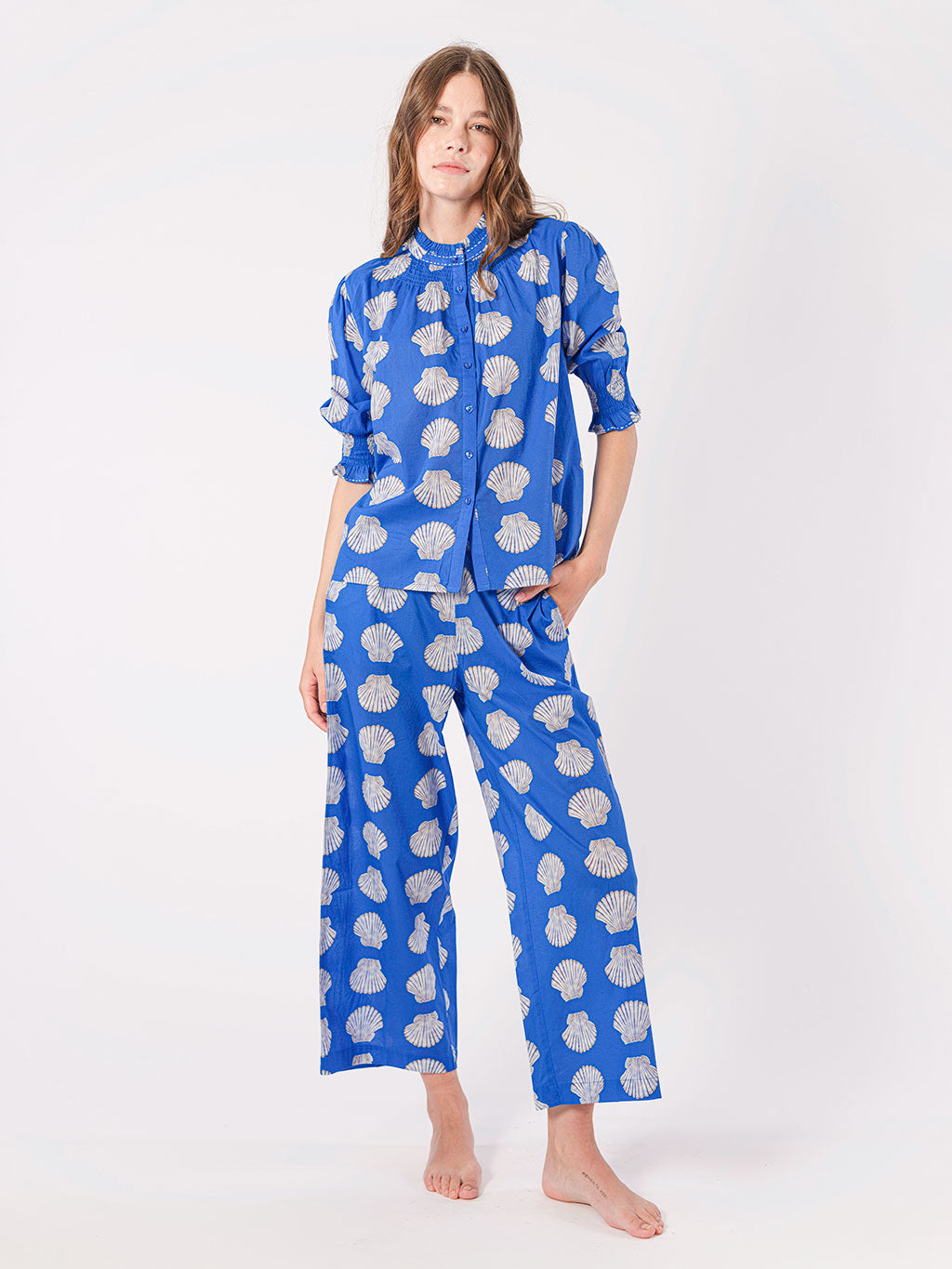 Head to toe seashell print look with an easy fitting yet stunning summer blouse and 7/8 length pant