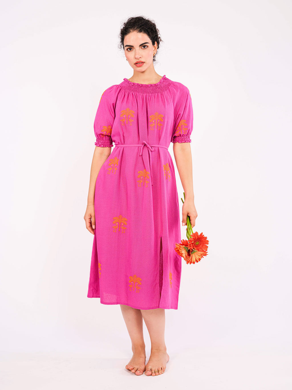 Pulsatilla Dress Berry Flamingo Orange Embroidery
