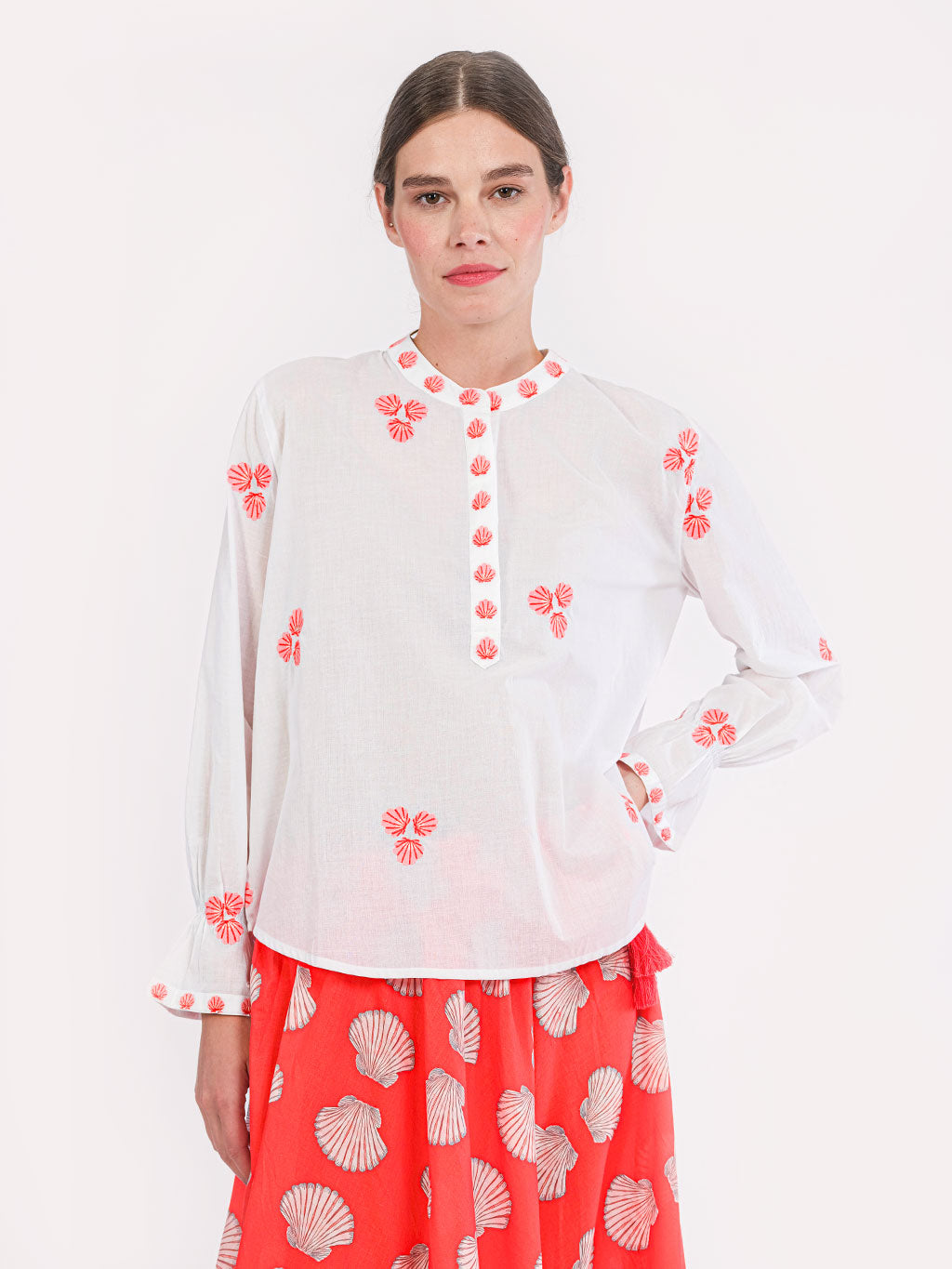 Broom Blouse Red Shells Embroidery on White