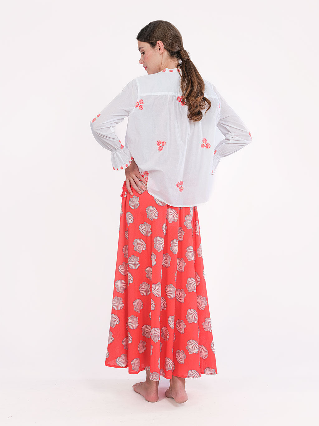 Broom Blouse Red Shells Embroidery on White