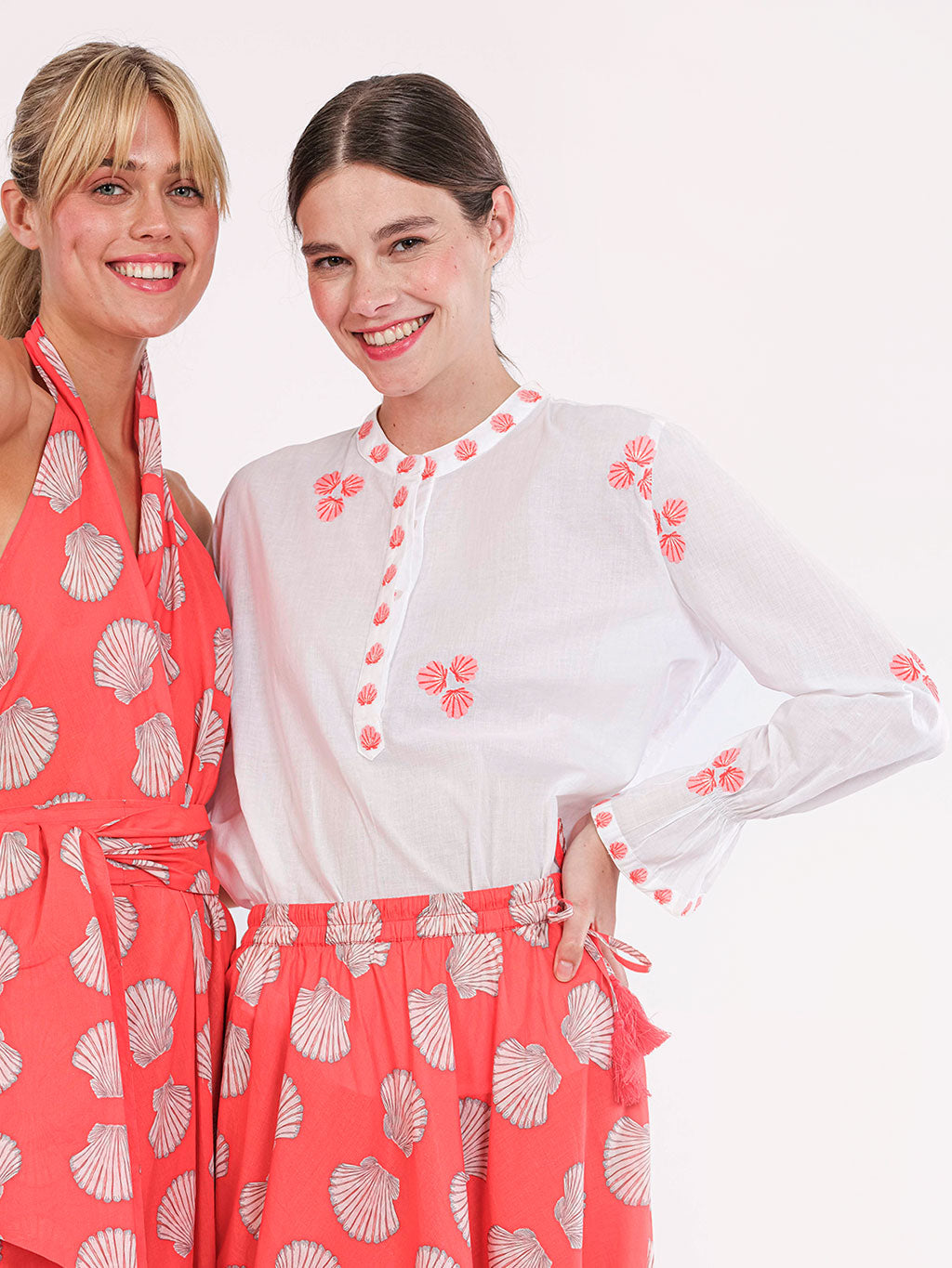 Broom Blouse Red Shells Embroidery on White