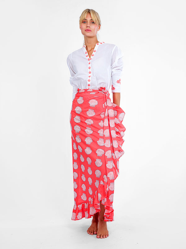 Elegant maritime look featuring the ruffle wrap skirt in red