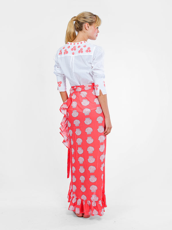 Back view of red organic cotton wrap skirt with white shell print by Nimo With Love