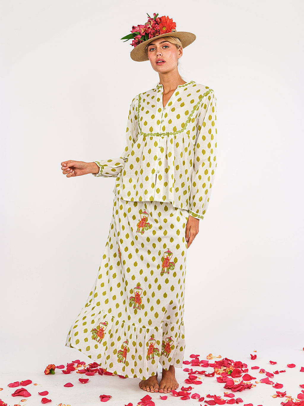 Catnep Blouse Dots Green Elephant Embroidery