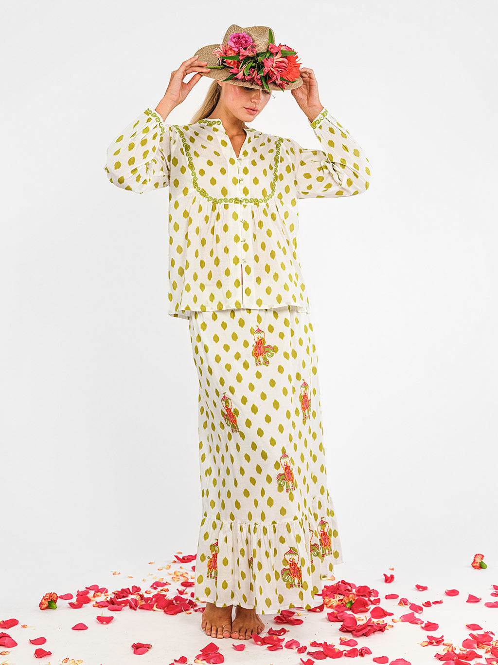 Catnep Blouse Dots Green Elephant Embroidery