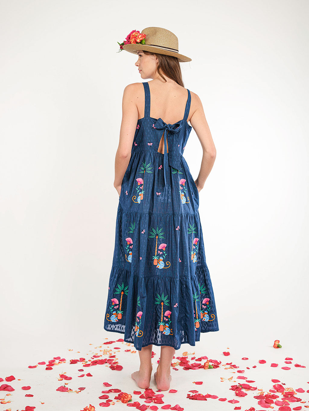 Cornflower Dress Monkey Embroidery on Navy