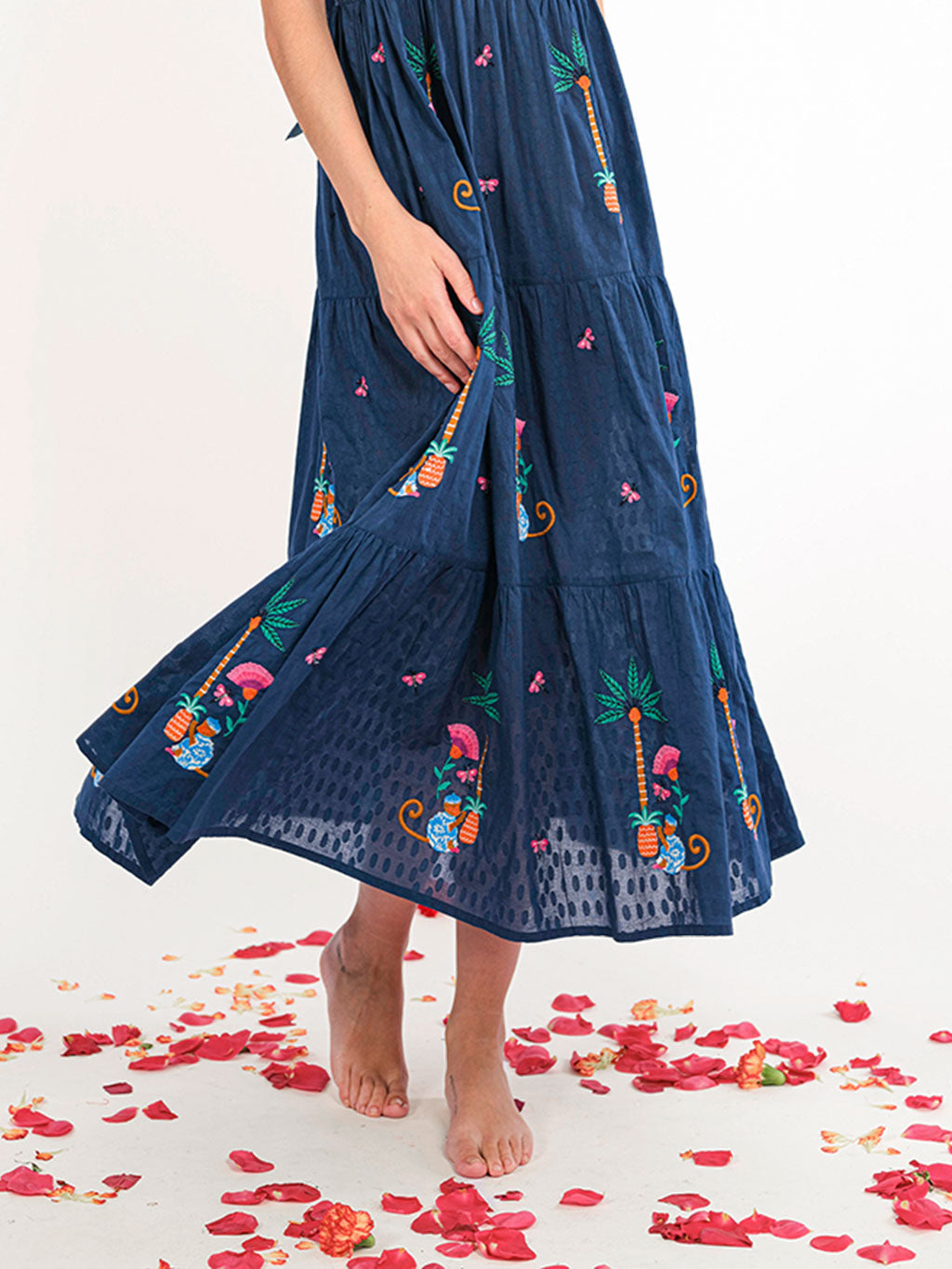 Cornflower Dress Monkey Embroidery on Navy