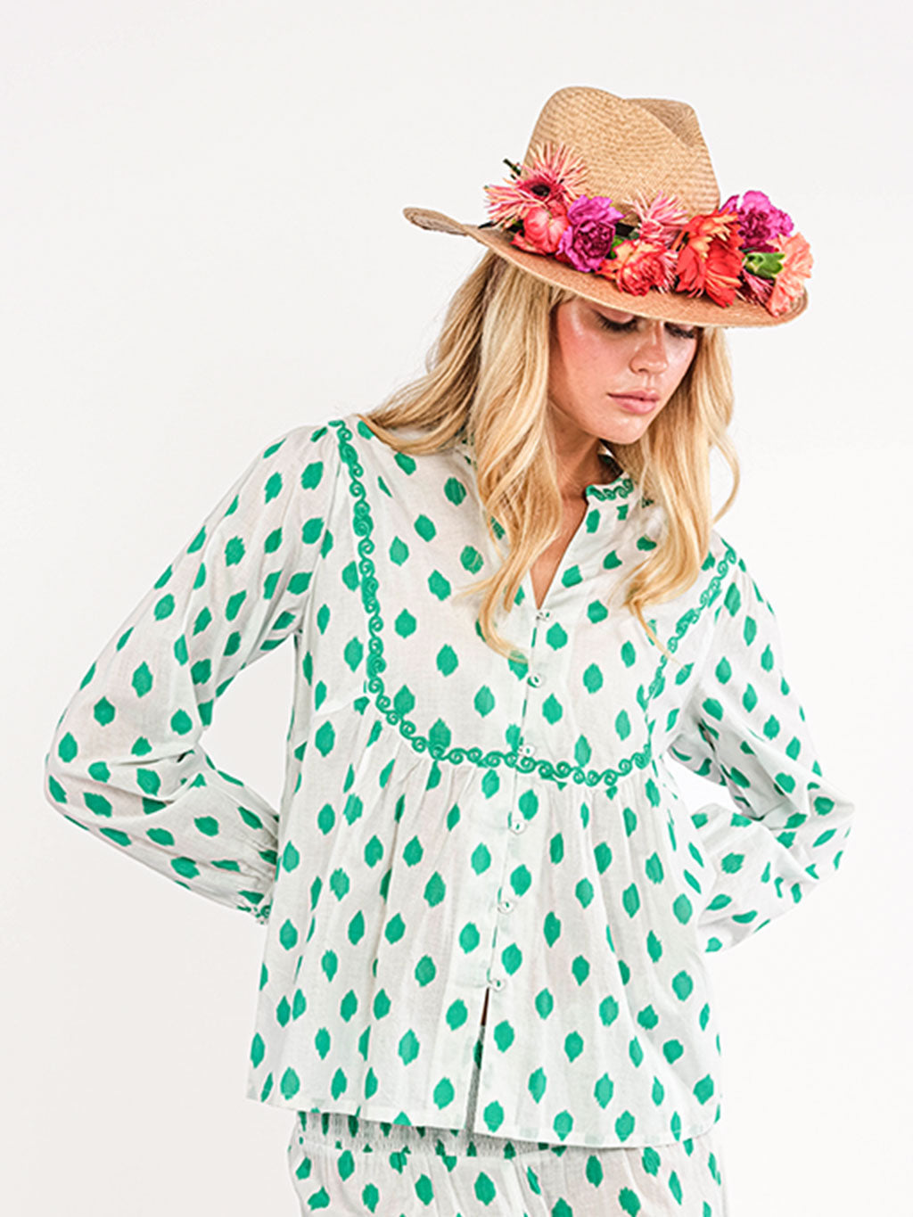 Catnep Blouse Dots Emerald Elephant Embroidery