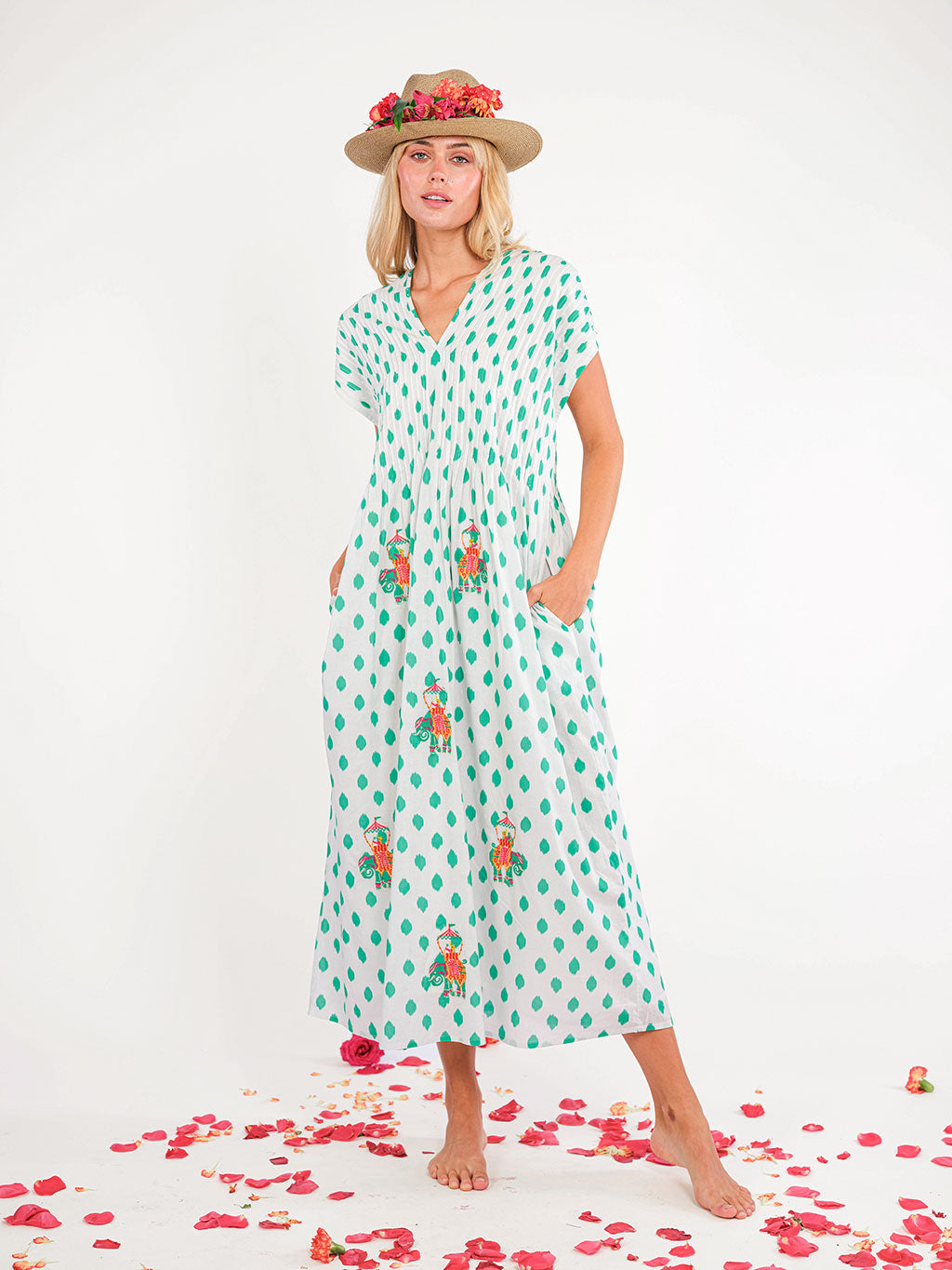 Sea Cale Dress Dots Emerald Elephant Embroidery