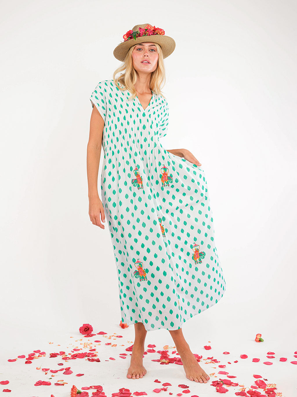 Sea Cale Dress Dots Emerald Elephant Embroidery