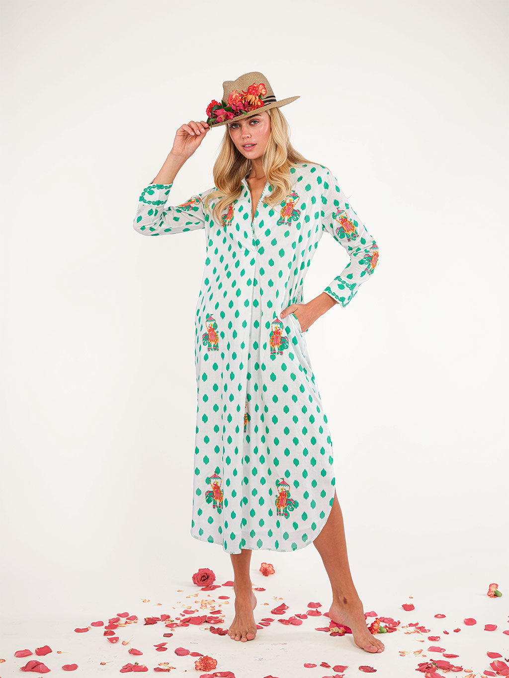 Amethyst Kaftan Dots Green Elephant Emboidery