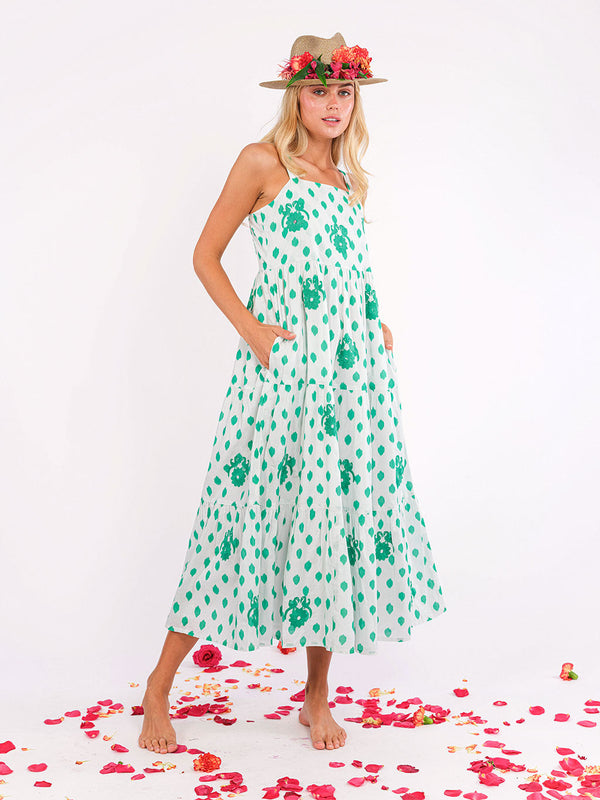 White and green organic cotton Cornflower maxi dress by Nimo With Love with Gujarat bird embroidery, high waist and tiered skirt.